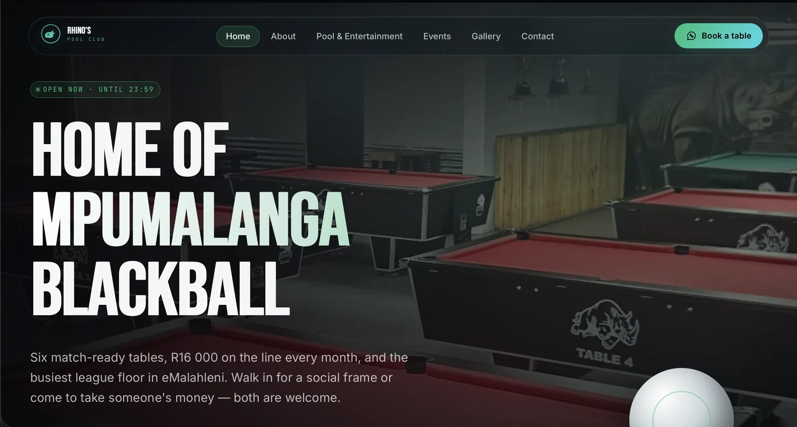 Screenshot of the Rhino's Pool Club website